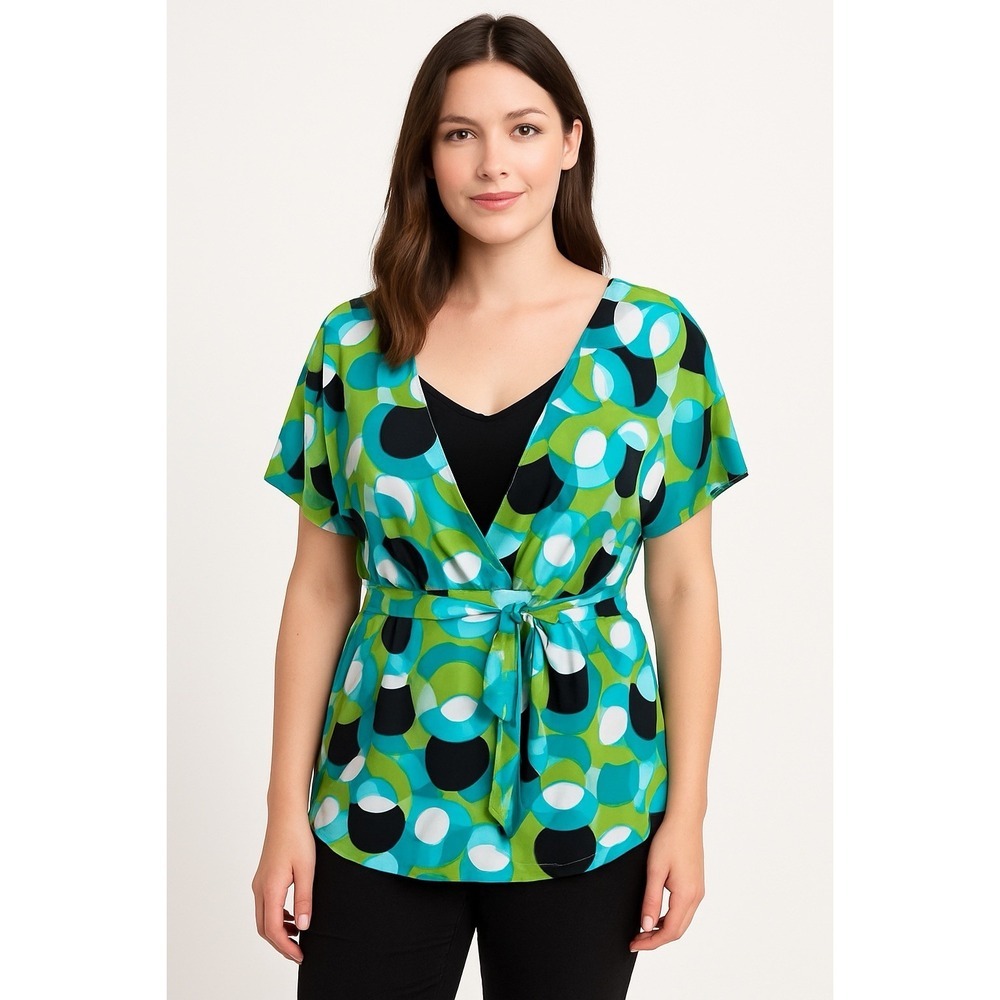 Style & Co blouse M Multicolor Geometric Print V Neck Tie Back Stretch‎